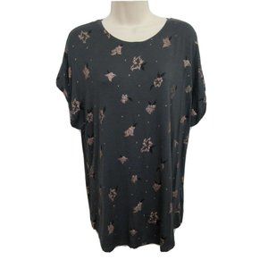 Apt 9 T-Shirt Size Large Gray with Bronze Metallic Flowers Cap Sleeve Curved Hem